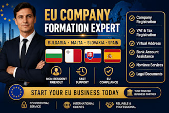 register bulgaria, malta, slovakia or spain company with vat, bank, address