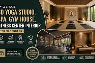 create 3d yoga studio, spa, gym house, fitness center interior with 3d renders
