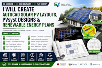 create autocad solar pv layouts, pvsyst designs and renewable energy plans