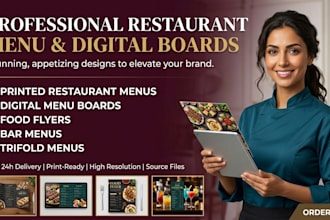 design restaurant menu, digital menu board, food flyer, bar menu, trifold menu