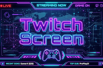 design animated twitch screen, twitch overlay, and stream package