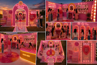 design a photorealistic 3d exhibition stall, booth, kiosk