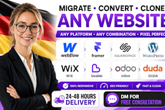 migrate convert webflow framer squarespace clone wordpress wix lovable odoo duda
