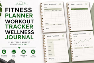 canva fitness planner workout tracker, self care journal and wellness workbook