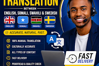 translate english to somali, swahili and swedish and do voiceovers