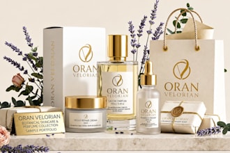 design luxury perfume logo, cosmetic, label, bag, brand box for your business