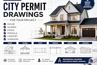 provide city permit drawing for house, gazebo, fence, pergola, carport, sunroom