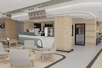 reinvigorate modern commercial hub, bar counter detailing, cafe interior render
