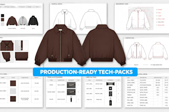 design tech pack flat sketch for puffer jacket for manufacturing