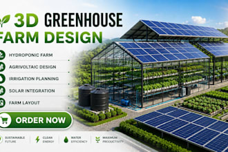 design 3d greenhouse, hydroponic, solar panels, cool pad, irrigation, lighting