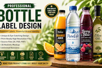 design professional bottle labels for water, juice, products