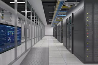 design realistic 3d data center, server room, control room,cgi center warehouse