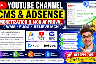 submit youtube channel cms, adsense monetization, wmg fuga, believe mcn approval