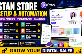 setup stan store, digital products, store automation, etsy and email flow