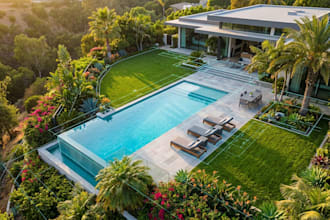 design backyard, front yard, pool, patio and landscape for outdoor living spaces