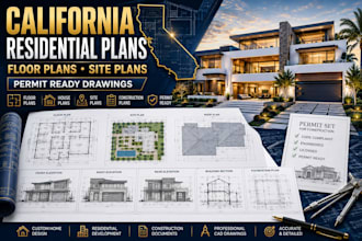 draw california residential building plans, floor plans, house plans, site plan
