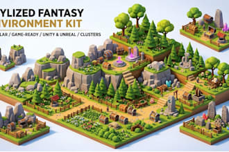 create stylized 3d low poly modular game assets, props, and environment kits