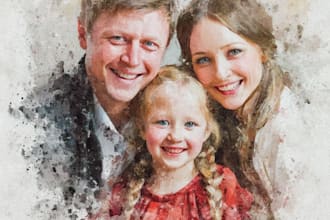 draw watercolor family portrait painting from combine photo