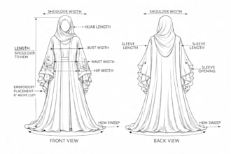 design professional abaya tech pack and garment sketch