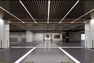 detailed realistic 3d outdoor car park,basement lobby render,entrance design,skp
