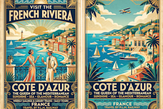 create illustrated vintage retro poster or flyer for travel art deco wall art