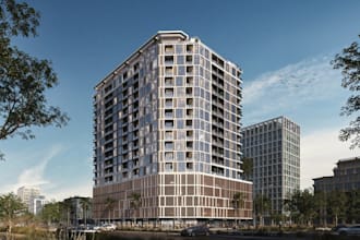 renovate residential complex, multi story apartment, urban streetscape rendering
