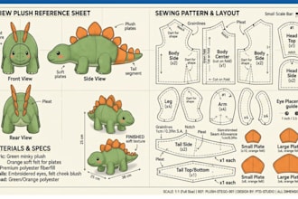 do soft flat sketch plush stuffed animal sewing pattern dinosaur reference sheet
