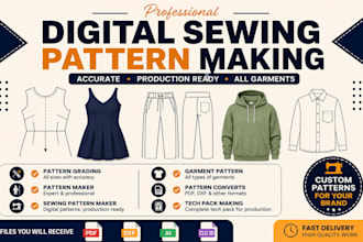 create custom digital sewing patterns, pattern grading, PDF dxf cad for garments