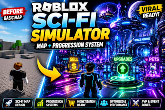 design high quality roblox city map, sci fi or simulator map with full system