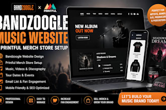 design bandzoogle music website, ecwid store and printful merch store setup