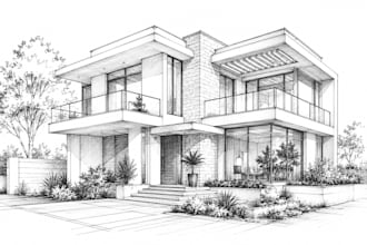 create architectural sketch illustration, house drawings and building line art