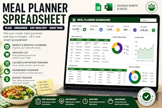 design weekly or monthly meal planner spreadsheet food planner diet tracker