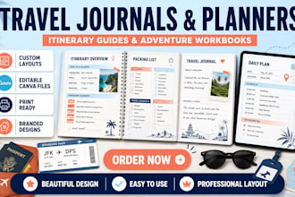 design travel journal, planners, itinerary guides and adventures workbooks