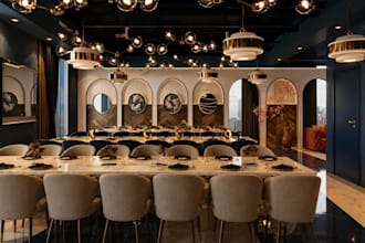 cgi profitable dining space,3d restaurant interior, lobby lounge render, skp bar