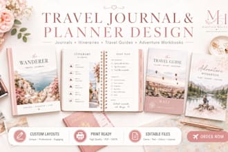 design travel journals, planners, itinerary guides, and adventure workbooks