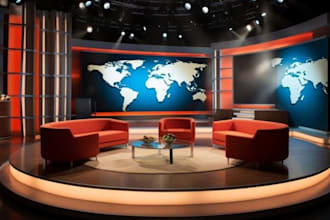 design realistic 3d TV studio, news studio, broadcast set and virtual studio