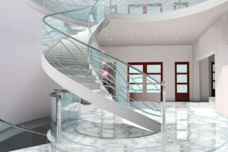 design steel, glass, and wood staircase railings with 2d drawings and 3d render