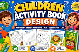 design children activity book, kid puzzle book, worksheet, ingramspark lulu kdp