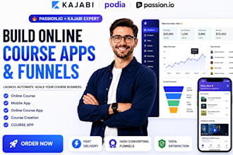 build passion io course app, funnel setup and kajabi learning platform
