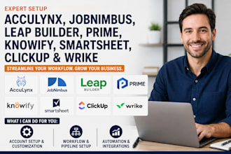 setup acculynx jobnimbus leap builder prime knowify smartsheet clickup wrike