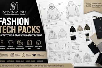 create production ready fashion tech pack, technical sketch and tech packs
