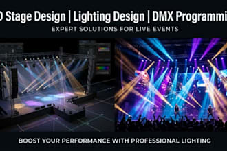 create 3d stage design, lighting design, event stage setup and dmx programming