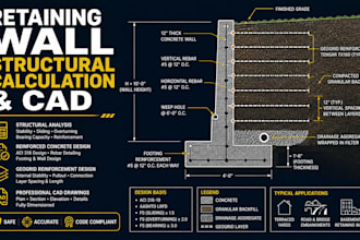 do retaining wall design, structural calculation, and cad section details