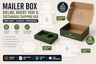 create mailer box dieline,insert tray and sustainable shipping box