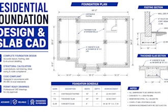 do foundation design, concrete slab plan, and footing cad details