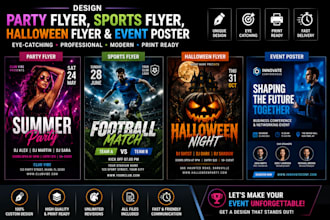 design party flyer, sports flyer, halloween flyer and event poster design