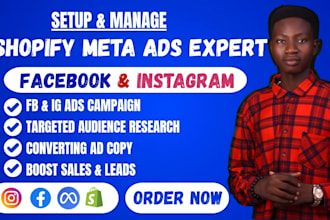 setup and manage shopify meta ads campaign, facebook ads, instagram ads