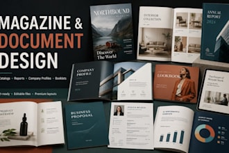 design magazine, catalog brochure and editorial layout in indesign or canva