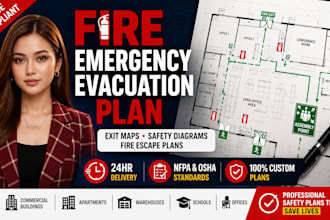design a professional fire emergency evacuation plan, exit map, safety diagram