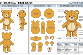 design stuffed animal reference sheet tech pack technical drawing kawaii plush